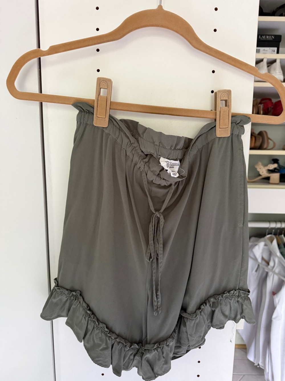 Candace Cameron Bure Olive Green High-Waist Ruffle Shorts